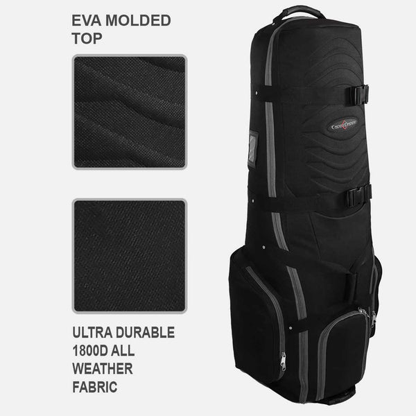 Black golf bag with EVA molded top and ultra-durable 1800D all-weather fabric, on a white background.