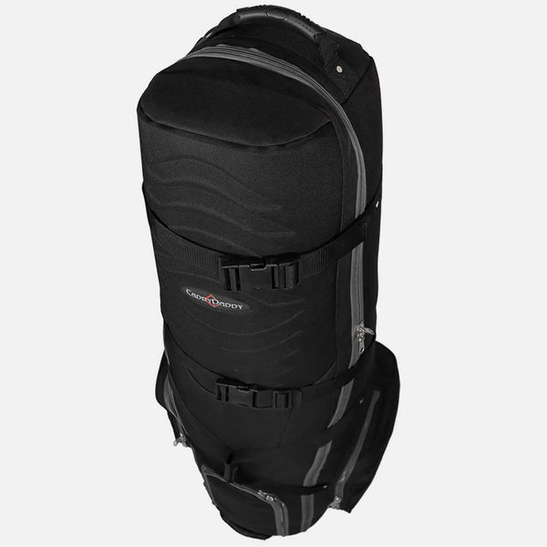 Black backpack with visible brand logo on a white background