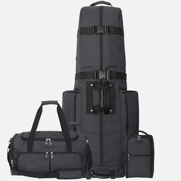 Set of gray duffel bags with black straps on a white background