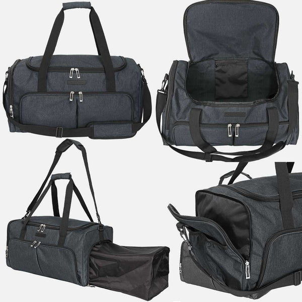 Black duffel bag shown from multiple angles on a white background